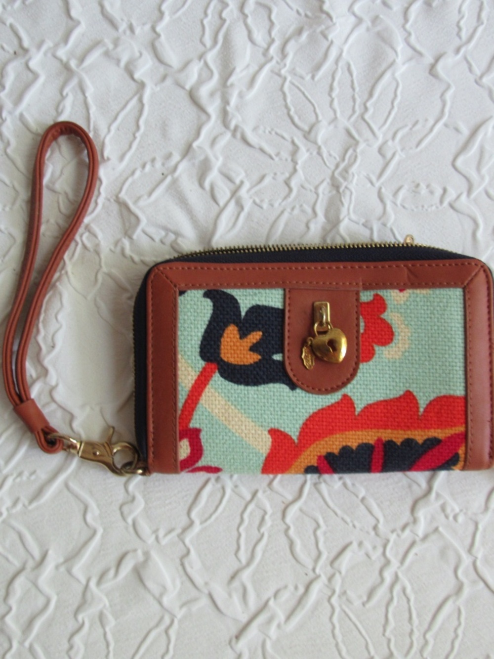 Spartina 449 Zip Wallet Wristlet Leather Woven Fabric Canvas?  Mix 7 x 5 Loaded